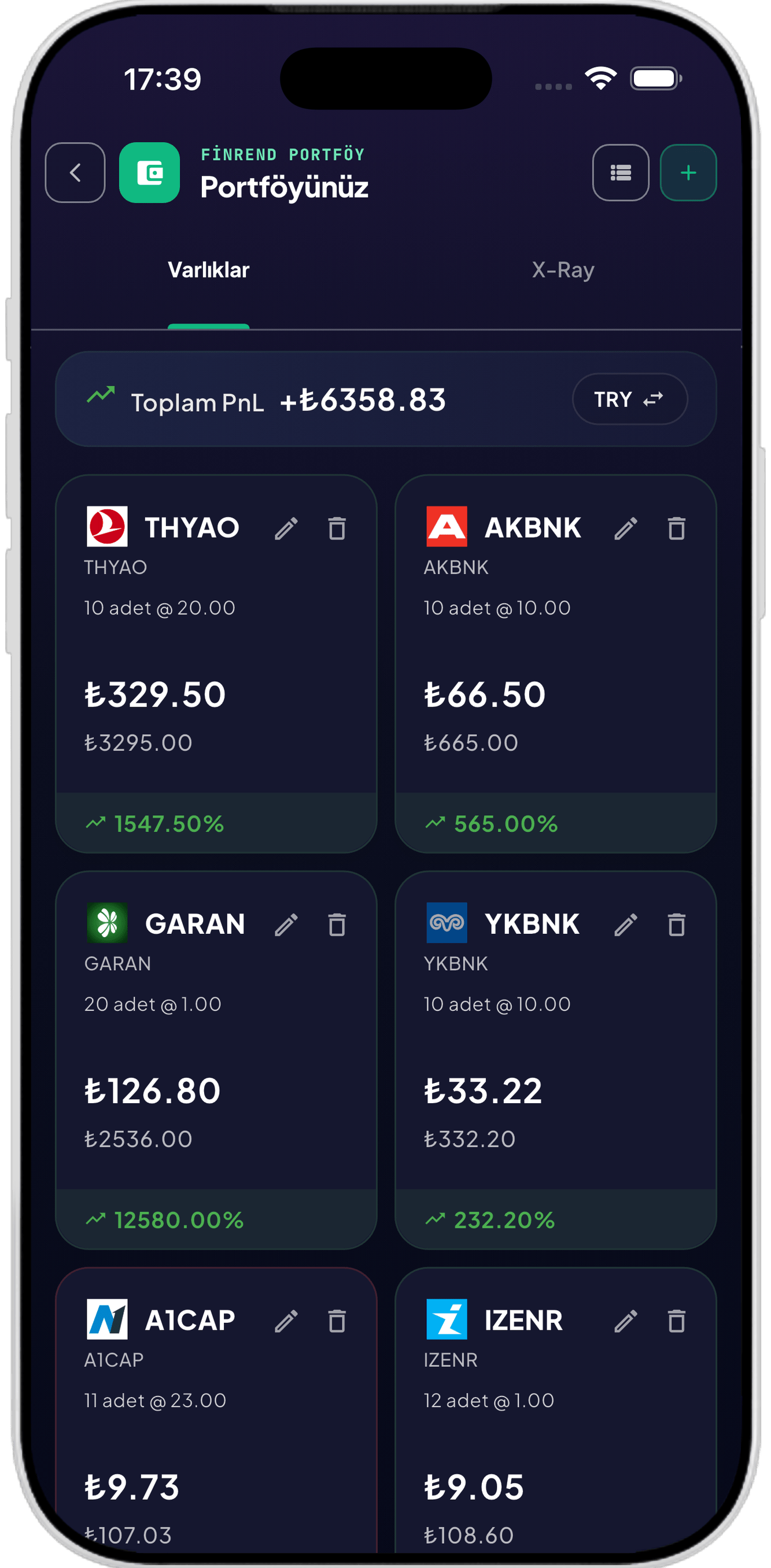 Mobil cihaz ekranında Türkçe finans uygulaması portföy sayfası; THYAO, AKBNK, GARAN ve YKBNK hisse senetleri bilgileri ve performans değerleri görüntüleniyor.